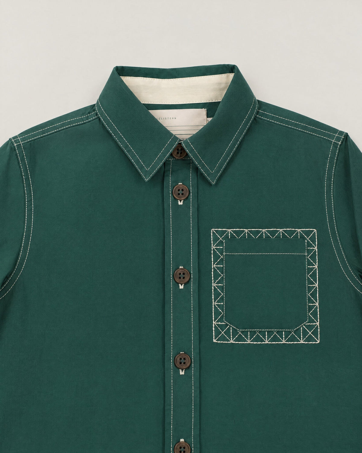 The Block Shirt in Juniper — collar and pocket detail