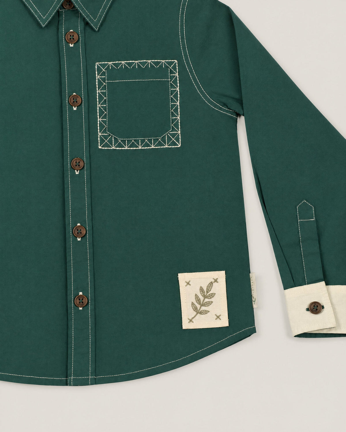 The Block Shirt in Juniper — embroidered pocket detail