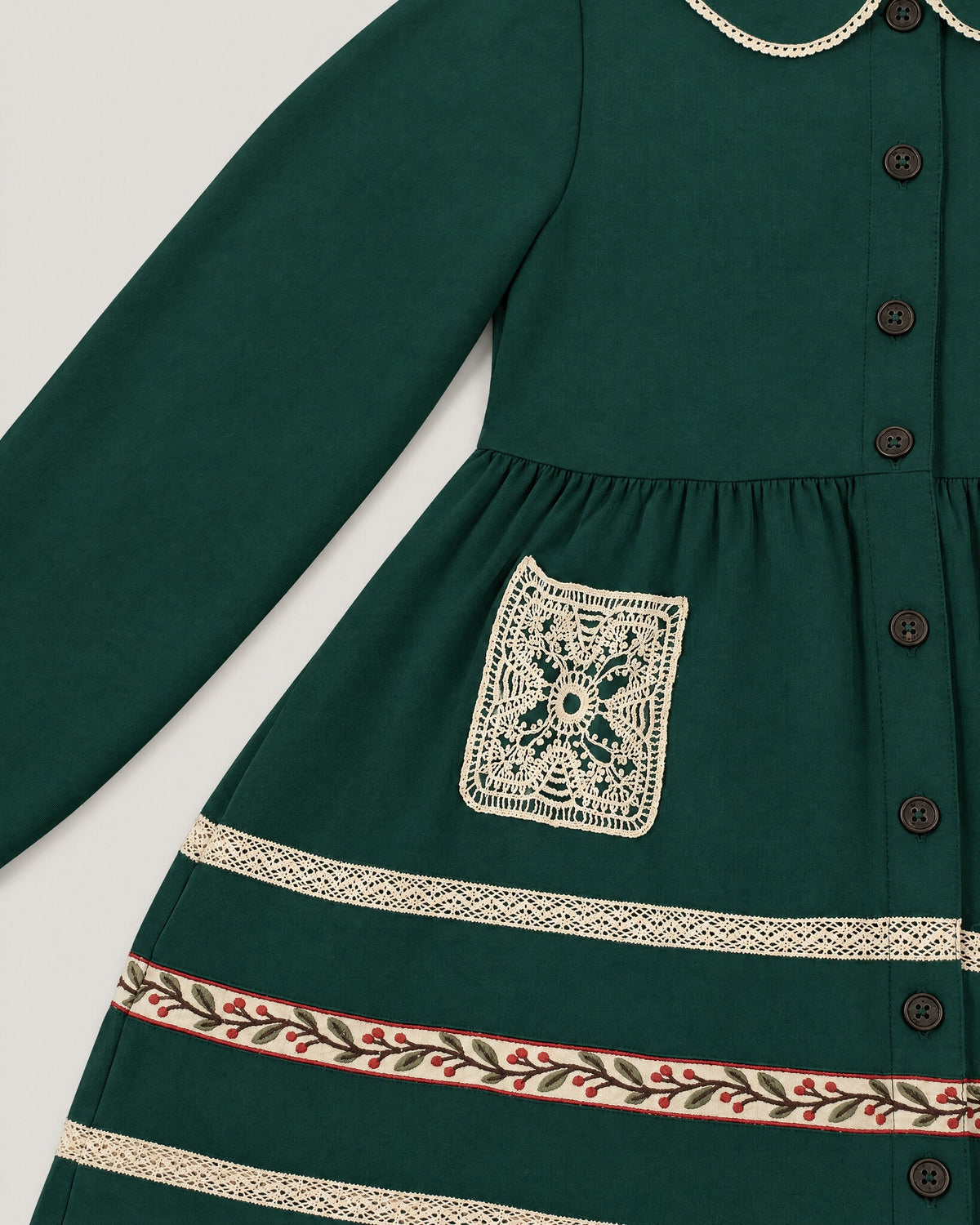 The Garden Dress in Juniper — lace pocket and skirt tape detail