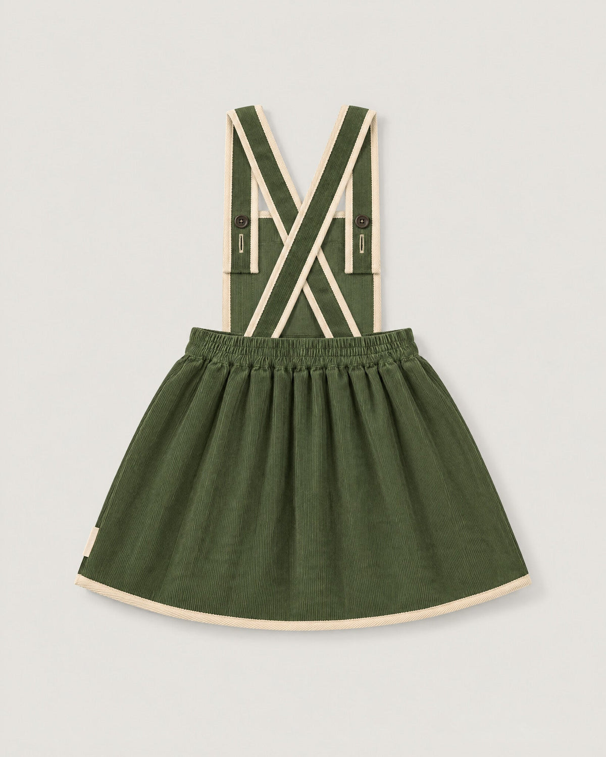 The Gift Pinafore in Moss — back with crossed straps
